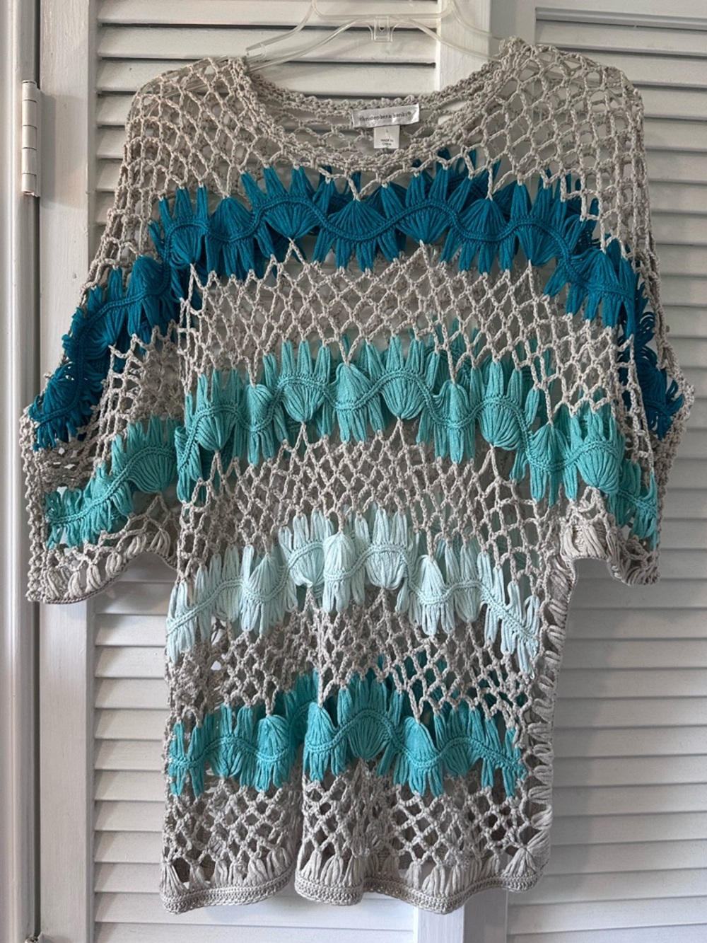 Christopher & Banks Open-Knit Weave Pullover with Teal and Aqua Stripes Coastal